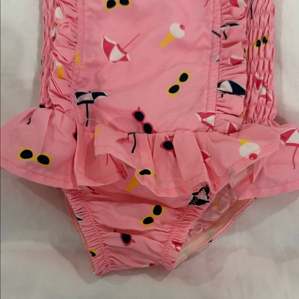 Rachel Riley Pink Ruffle One-Piece Swimsuit with Beach Print